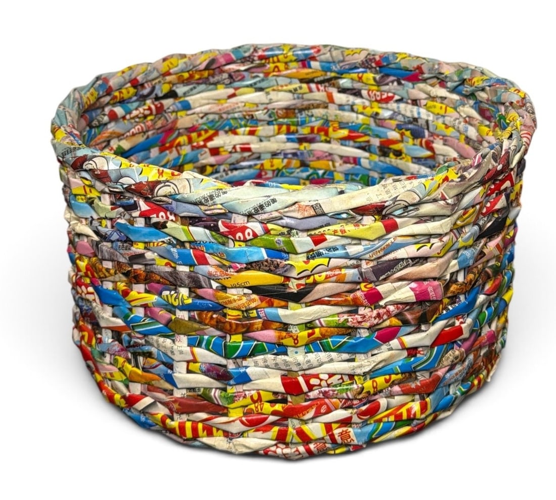 Vintage Japanese Upcycled Magazine Basket: Measures 6" H x 10.5" Diameter.