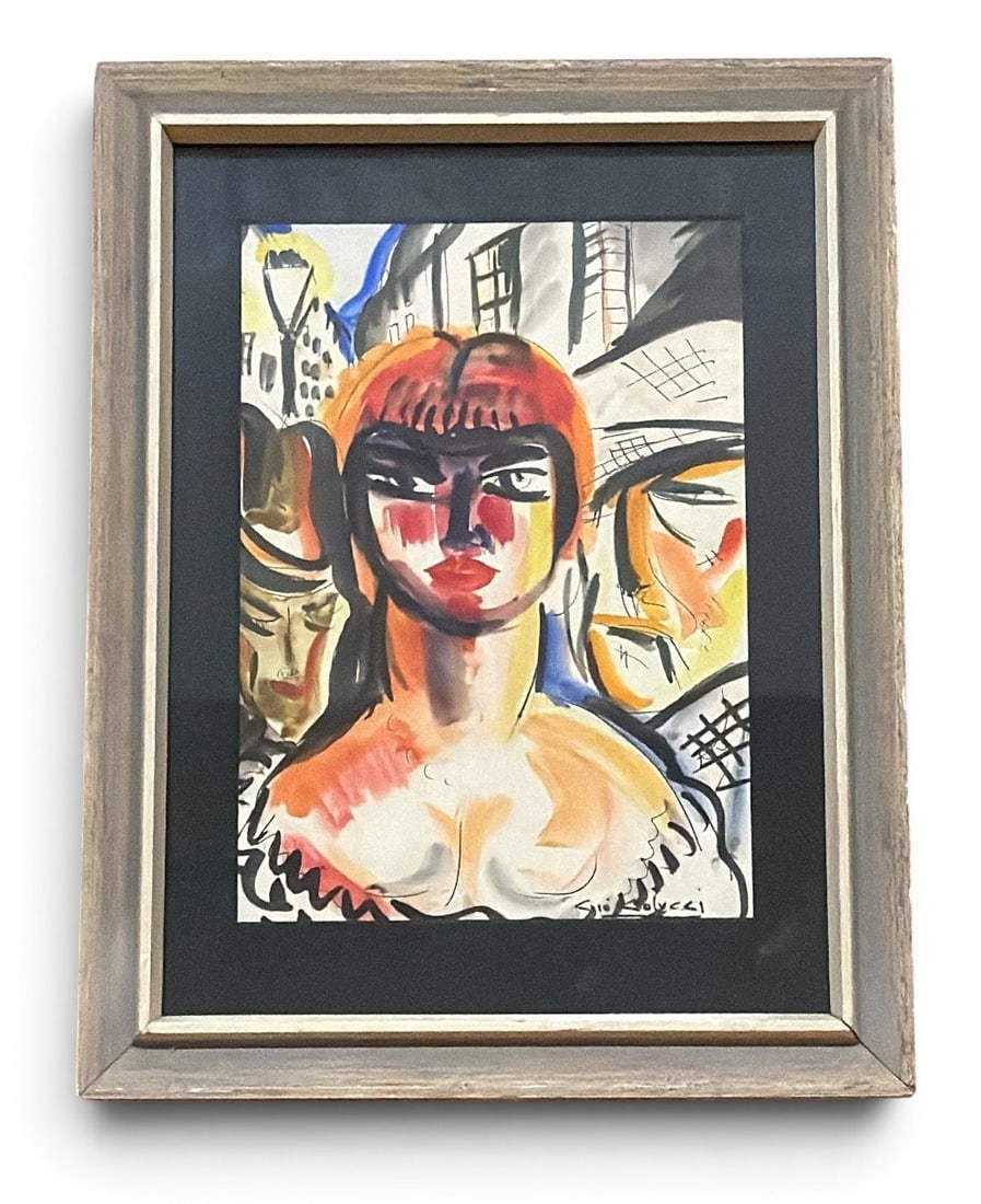 GIO COLUCCI (Italian,1892-1974) "Red Haired Streetwalker" Painting: Watercolor and ink on paper. Measures 13.75" H x 10.5" W x 0.75" D in the frame. Sight measures 9" x 7".