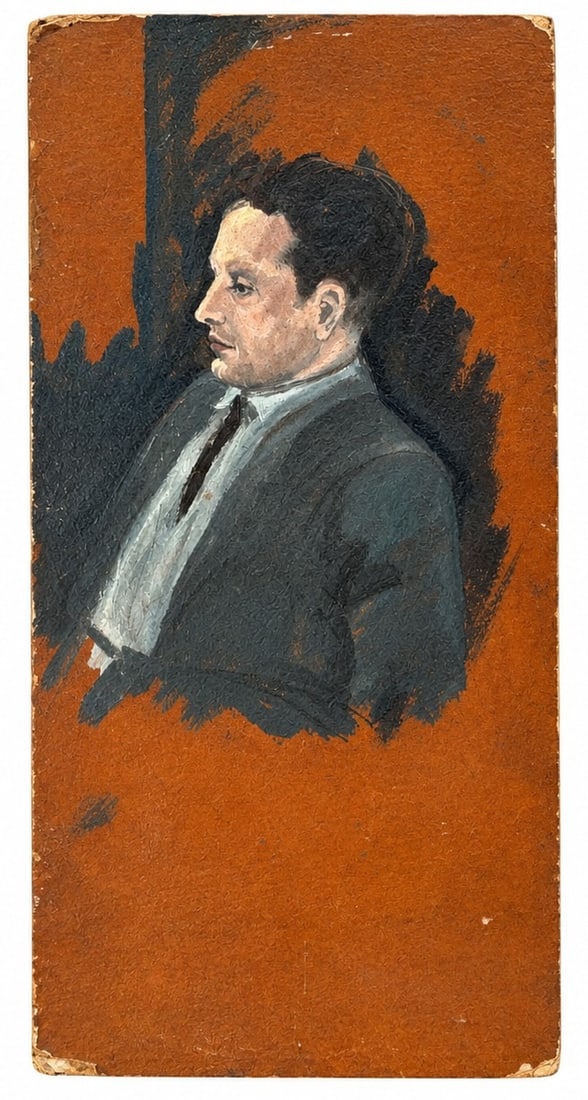 1950s Portrait Painting of a Businessman: Measures 16" x 7.5". Unsigned acrylic on board.