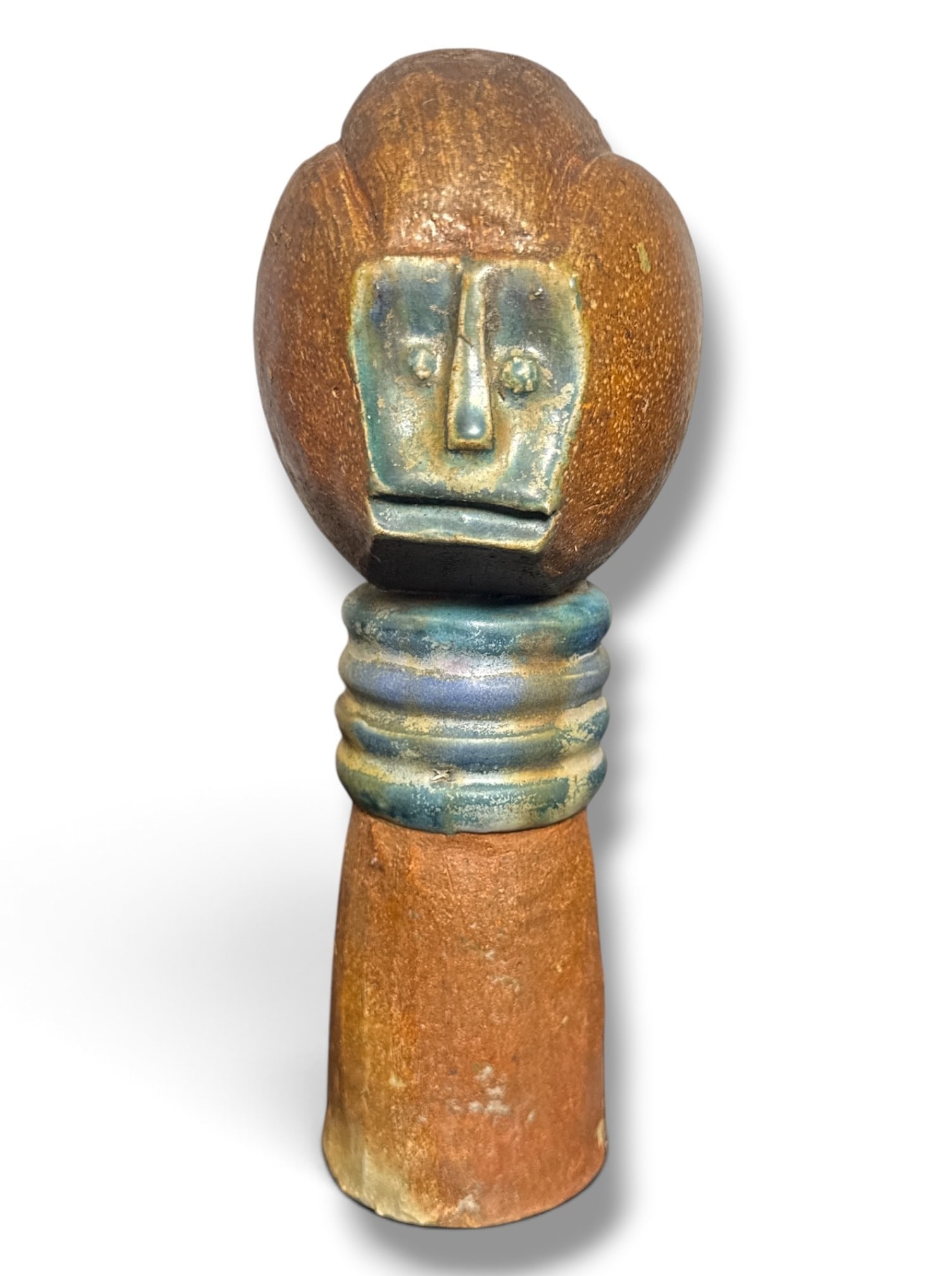 Anthropomorphic Ceramic Fertility Statue: Terracotta, coiled construction on the base. Likely a mid century era piece modelled after the Ghanaian Akuaba fertility dolls and fertility figures from Tanzania. Measures 11" H x 4.5" W x 5" D.