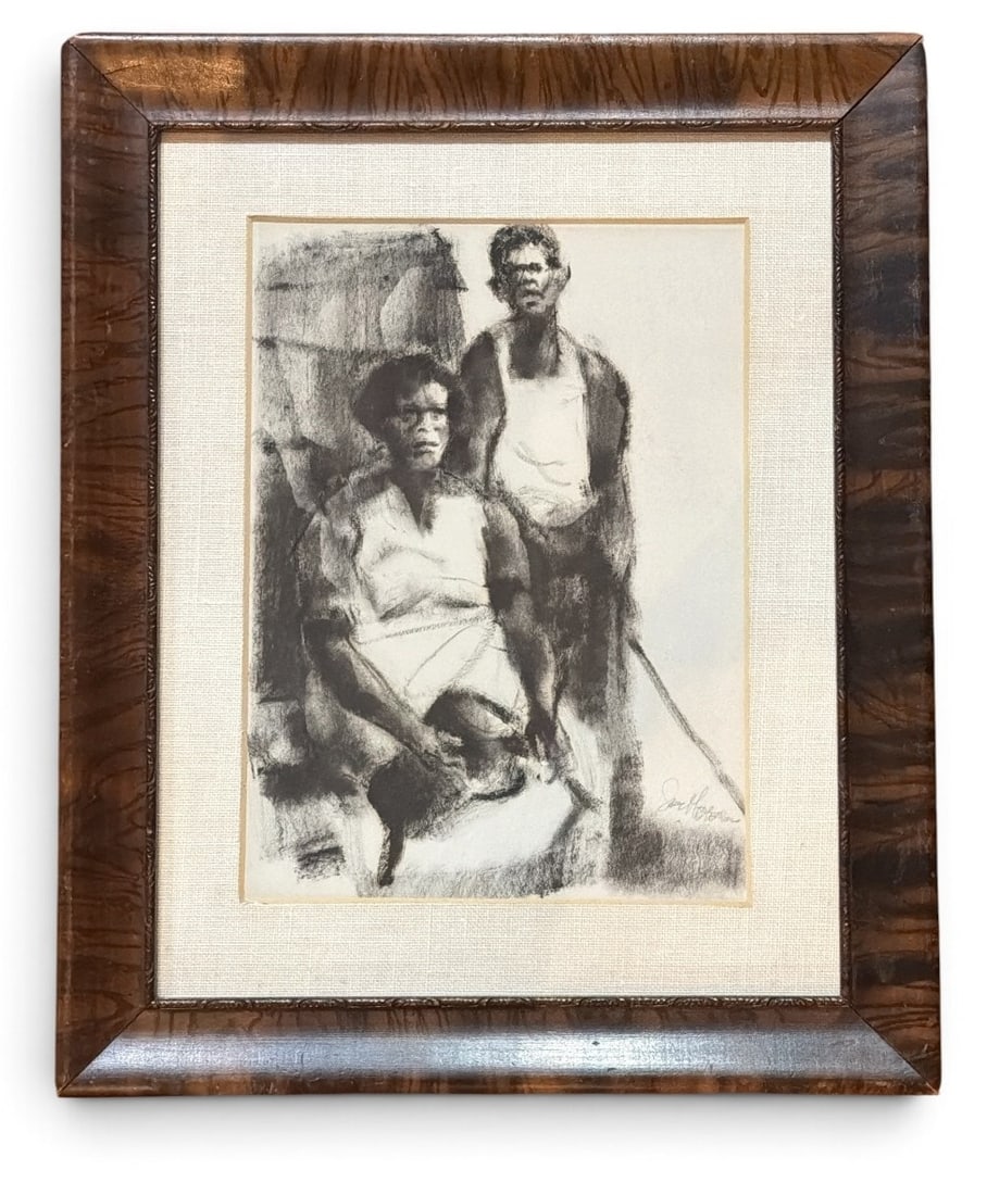 Black Americana Charcoal Drawing, Mother and Son: Measures 17.75" x 13.75" x .75" D in the frame, sight measures 11" x 8".