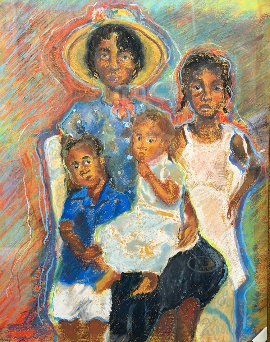Post Modern Oil Pastel Drawing of Family, "The Children of Naomi": Measures 26" x 22" x 2" D in the frame, sight measures 17.5" x 13.5". Titled and signed by the artist en verso. Signature appears to read Alvin Schrementi-Clurni.