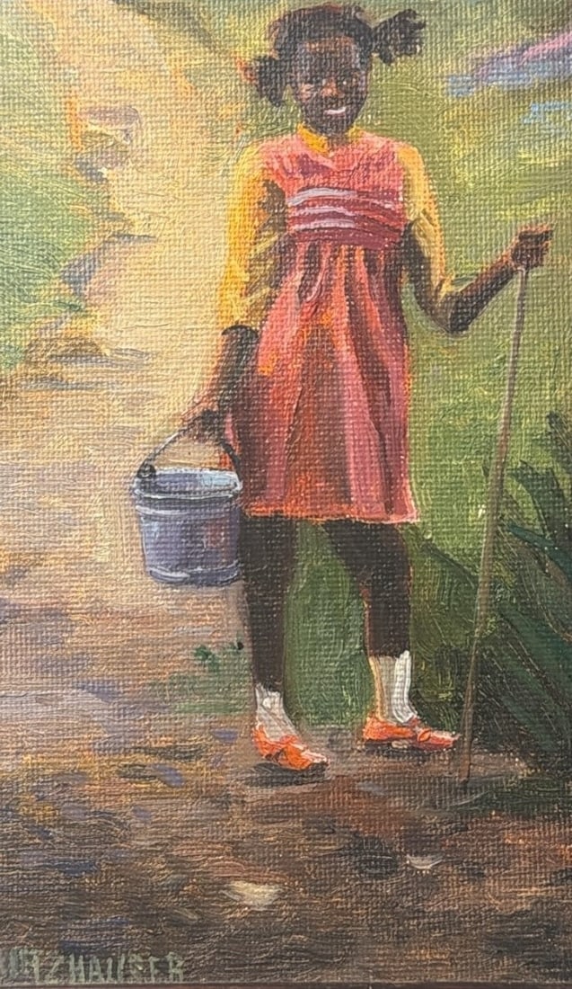Petite Black Americana Portrait of a Girl Oil Painting: Oil on canvas attached to board. 10" x 7.5" x 1" D, sight measures 6.5" x 4".