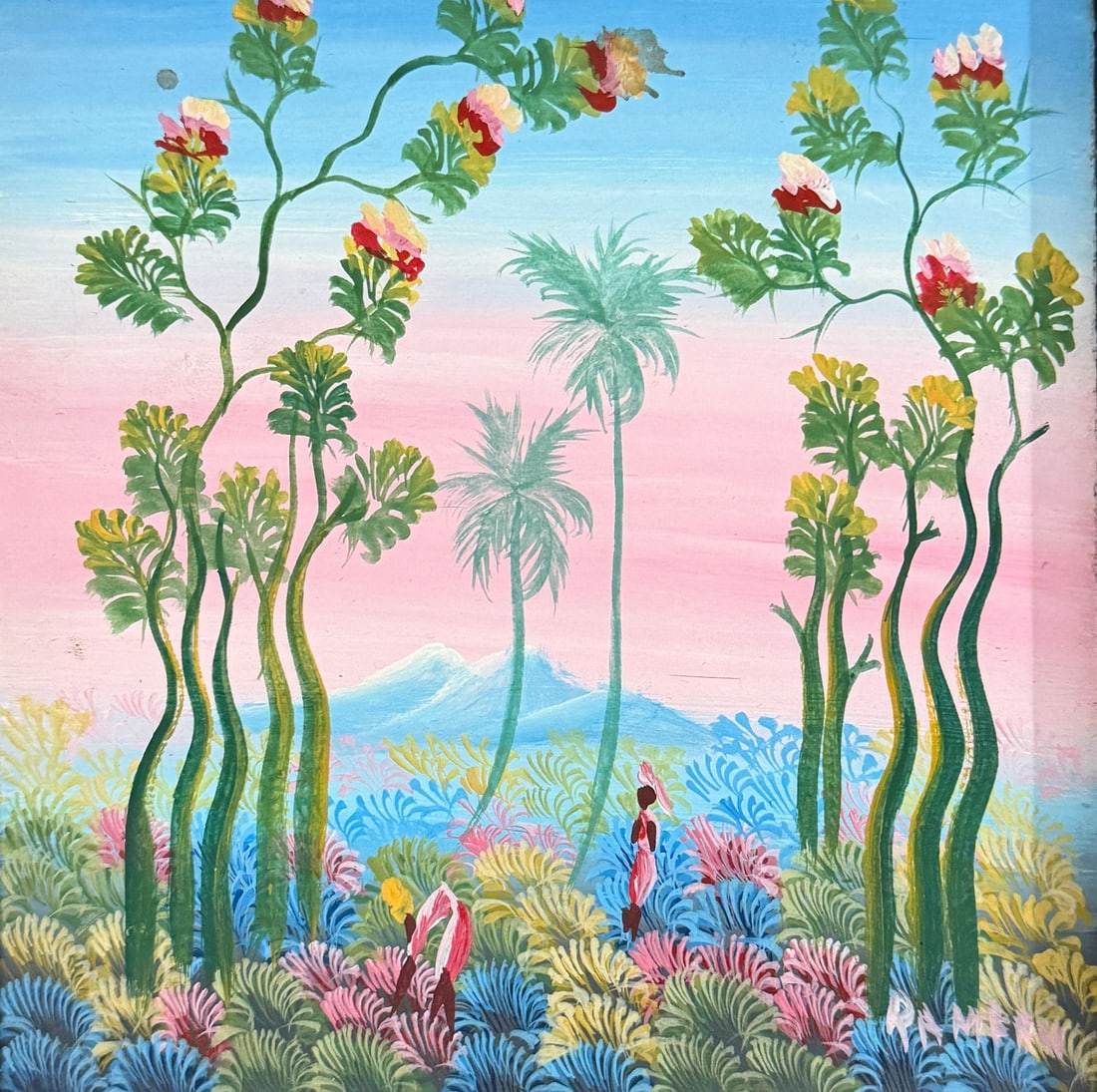 Petite Haitian Folk Art Acrylic Painting: 8.75" x 8.75" in frame. Sight measures 5" x 5".