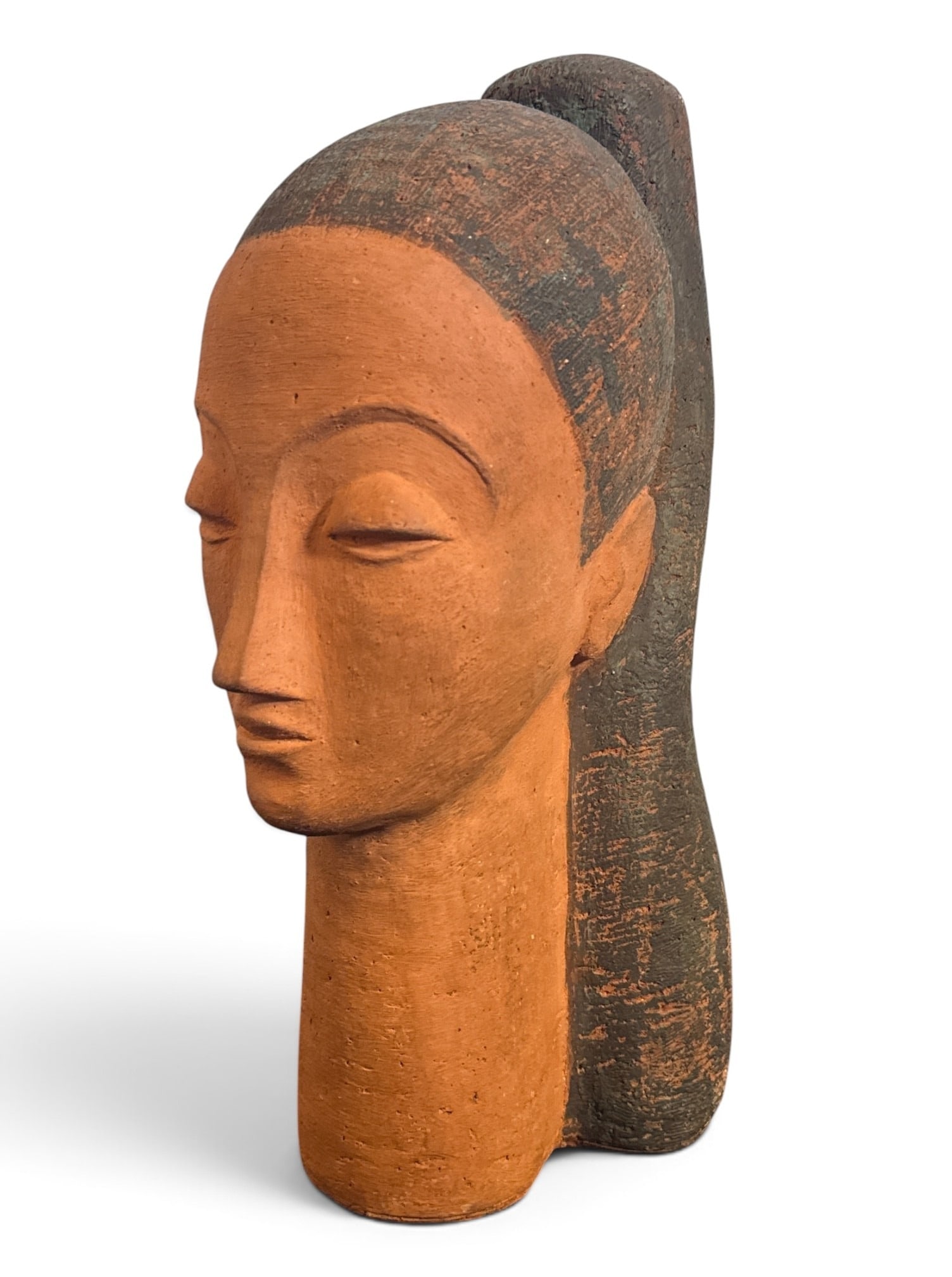Modigliani Style Terracotta Bust of a Woman: Measures 15" H x 6" W x 8" D. Unsigned, reminiscent of Modigliani's "Tete de Femme".