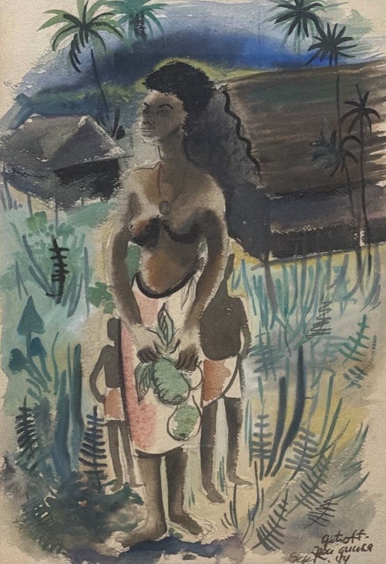 WWII Era, Pacific Theater Field Watercolor Painting of New Guinea Family: Measures 22.5" x 18.5" x 1" D in the frame, sight measures 18" x 12.5". Watercolor on paper. An impressionist work likely made during the New Guinea campaign of WWII. Dated September 1944, this work w