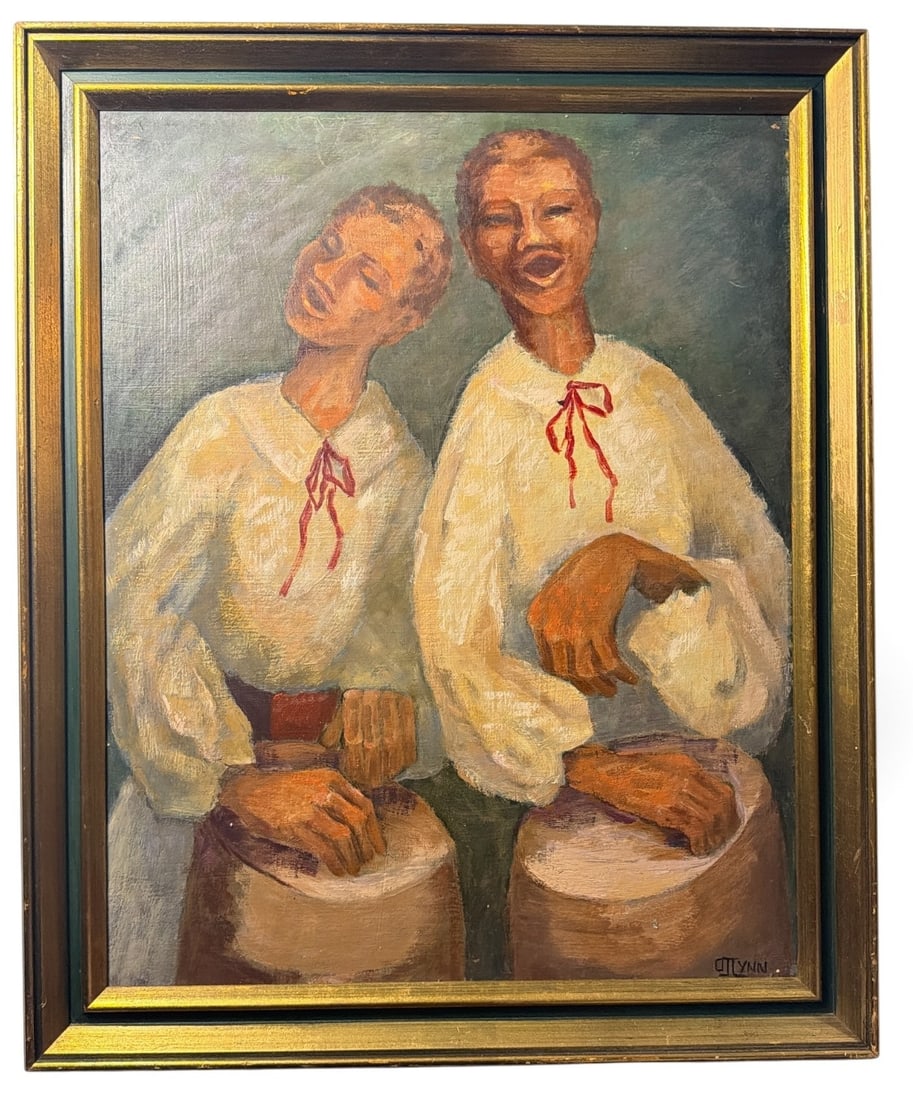 Mid Century Caribbean Folk Art Oil Painting: Oil on board. Possibly depicts Christmas musicians. Signed in lower right hand corner. Measures 23" x 19" x 1.5" D in frame , Sight measures 19.5" x 1.5".