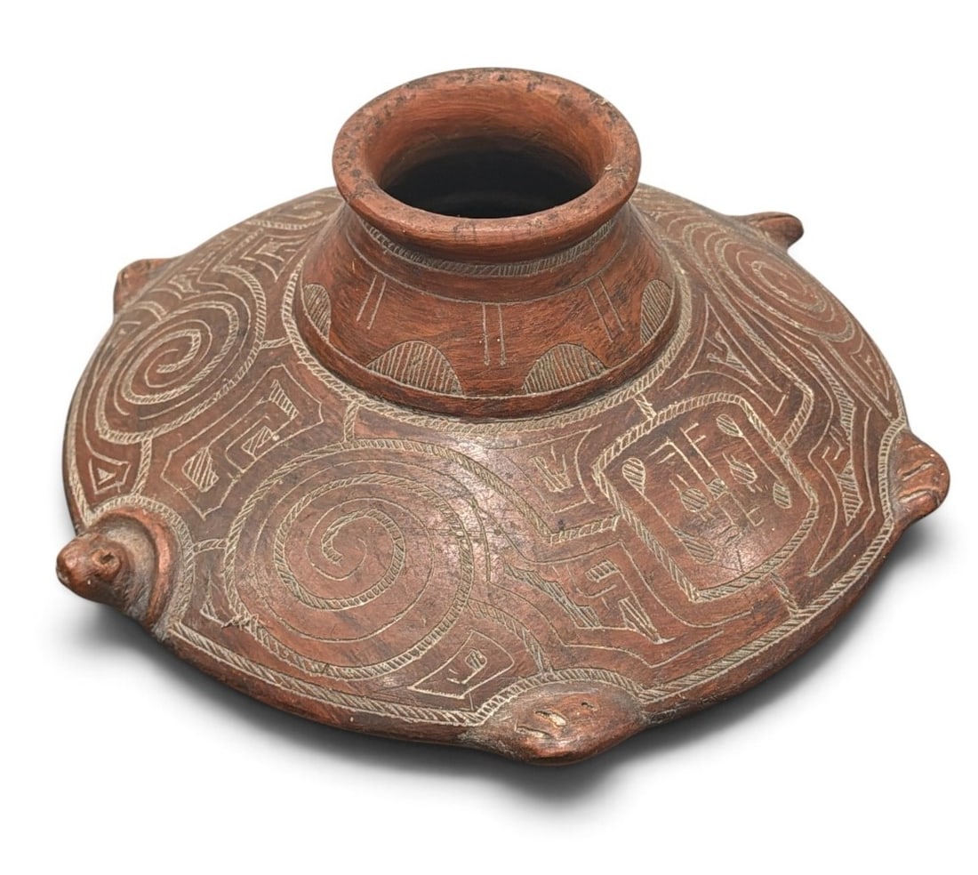 Brazilian Marajoara Pottery Folk Art Vessel, Turtle Shape: Terracotta. Measure approx. 7" H x 13" Diameter. Signed A. Marques to bottom and "Made in Brazil".