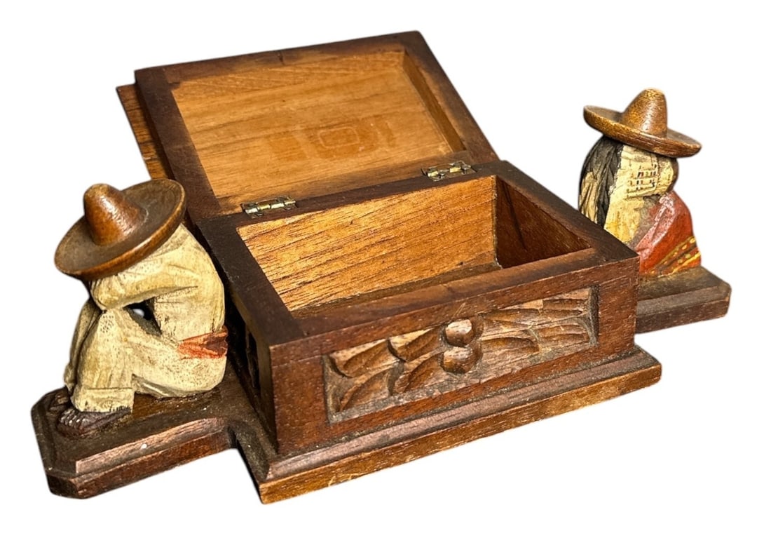 1930's 20th C Mexican Folk Art Box: 3" H x 8.5" W x 3.5" D figural sleeping senor and senorita.