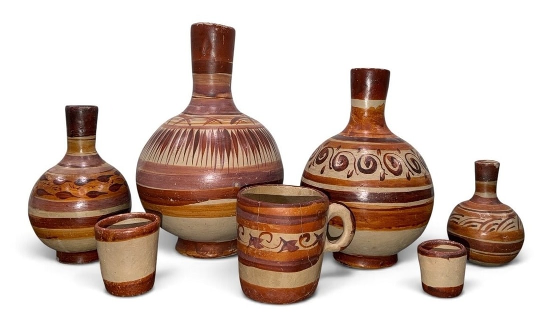 Collection Mexican Tlaquepaque Water Carafes, Pottery: The largest measures 11" H x 7" Diameter.