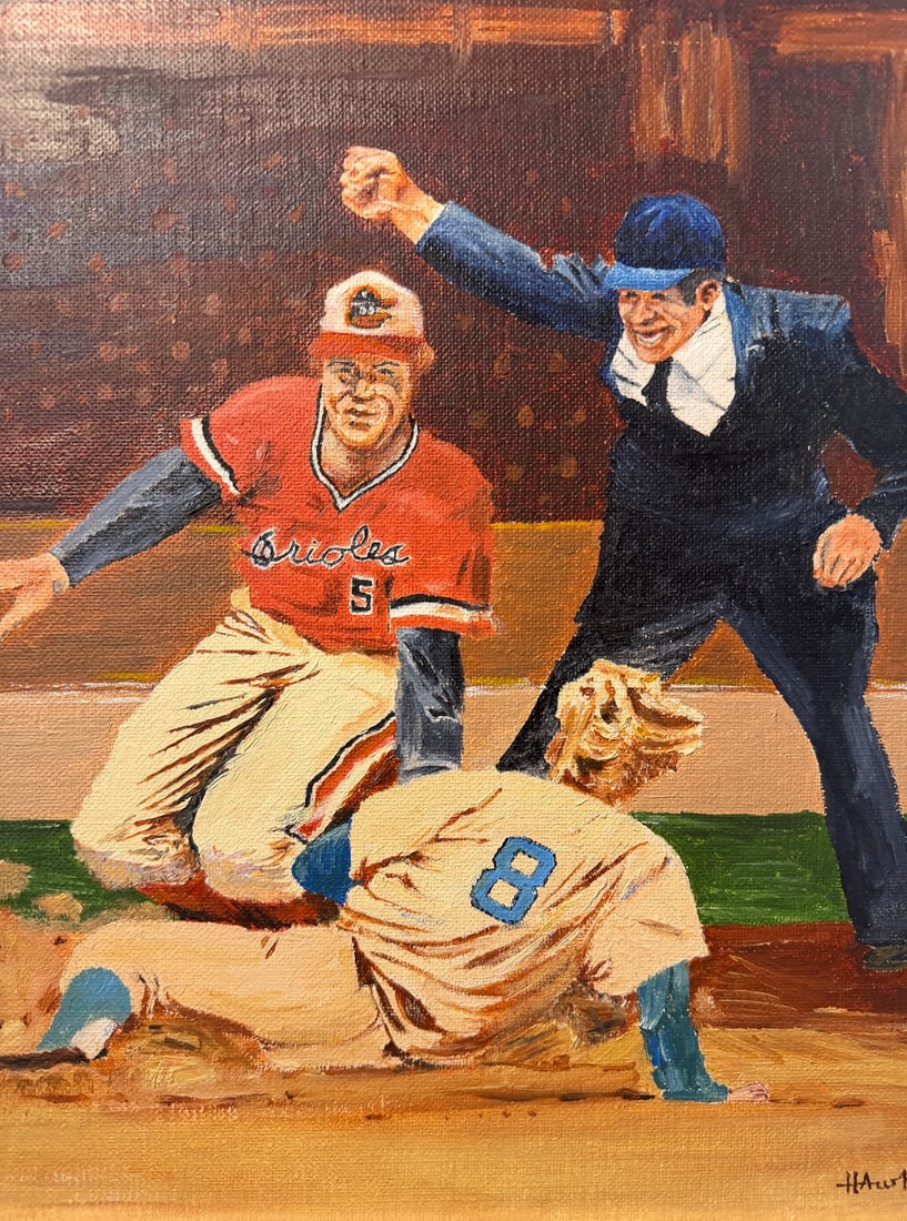 1983 Baseball Oil Painting: Oil on board. Depicts Baltimore Oilers third basement Brooks Robinson. Signed by artist Kenneth Hawk, dated 1983. Elkhart, IN. Measures 14.25" x 11.25" x 0.75" D in the frame. Sight measures 13.5" x 1