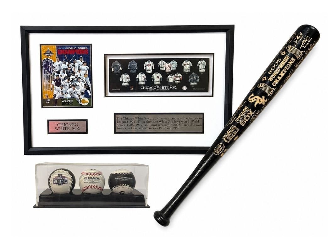 CHICAGO WHITE SOX 2005 World Series Champions Etched Baseball Bat, Commemorative Baseballs, and: This bat is a commemorative bat from the 2005 World Series, Champion Edition 05913/10000. Case measures 4.5" x 37" x 3.5". Commemorative framed displaying various jersey designs measures 20" H x 32" W