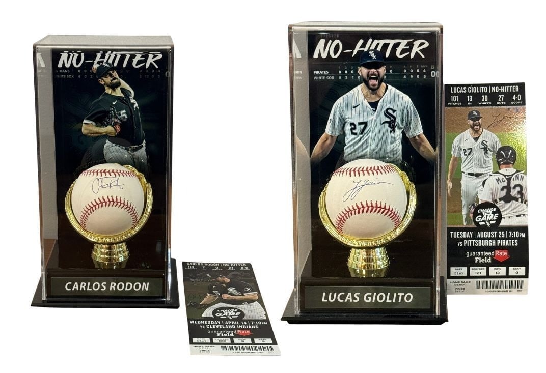 Authentic Autographed CARLOS RODON and LUCAS GIOLITO Chicago White Sox No-Hitter Baseball, PSA: PSA Certified, number R 33196. Lucas Giolito retains hologram sticker. Both case measures 10" H x 5.5" W x 4.5" D.