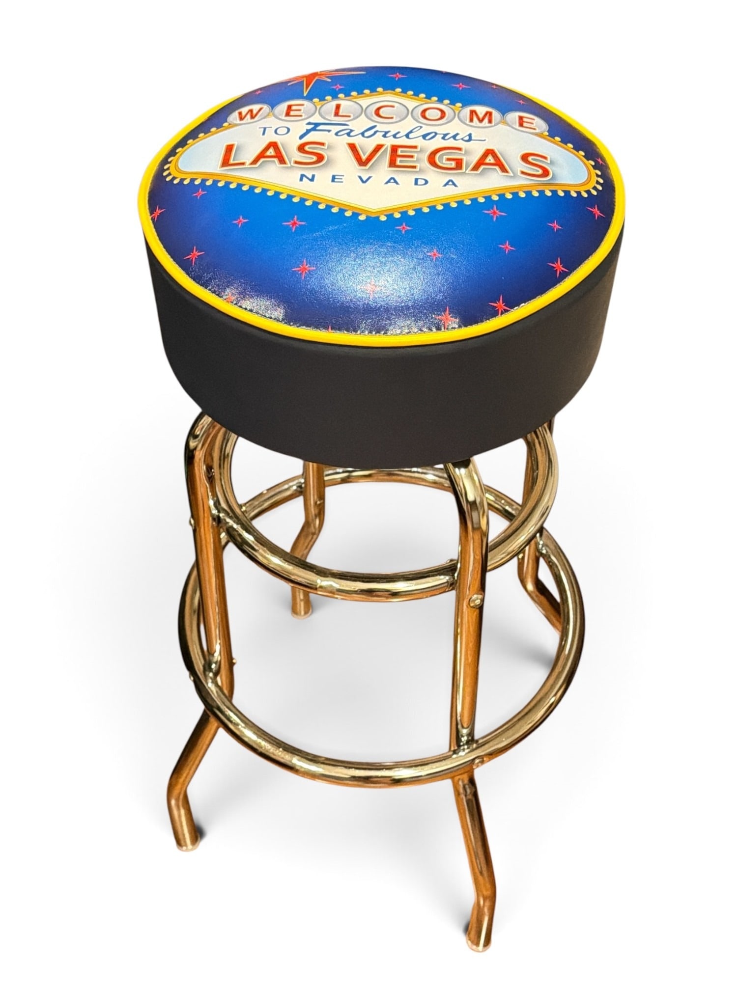 " Welcome to Fabulous Las Vegas" Swivel Barstool: Vinyl seat. Measures 31.5" H x 14" overall seat diameter