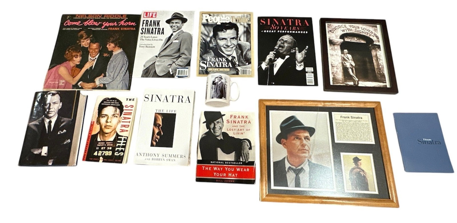 Collection of FRANK SINATRA Memorabilia: Magazines, books, coffee mug, pictures, Come Blow Your Horn Album.