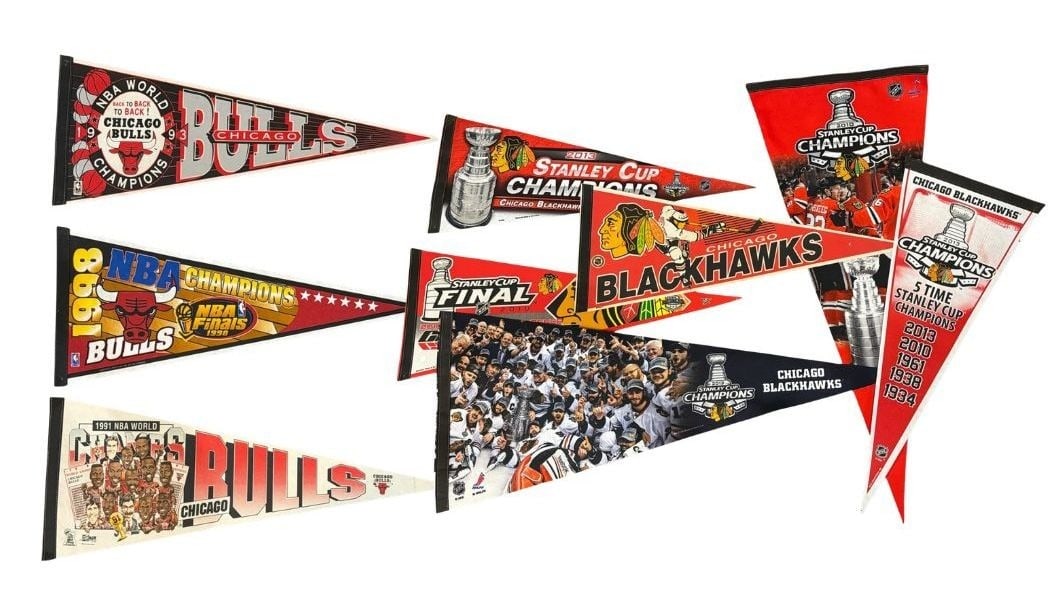 Collection Chicago Bulls, Blackhawks Pennants: Includes a 1993 "Back to Back" Champions felt pennant by Wincraft, 1998 Chicago Bulls NBA Finals Champions pennant, and 1991 Chicago Bulls 'World Champion" felt pennant by Salem. All measure approx.