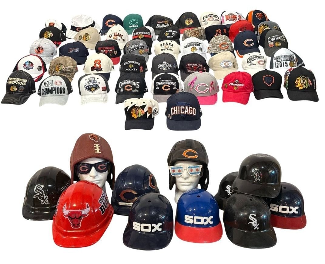 Vintage CHICAGO BEARS, CHICAGO BULLS, CHICAGO BLACKHAWKS Hats, 40+: Over 40 hats. Includes Chicago Blackhawks Logo Athletic Sharktooth. Vintage to recent releases. Mostly adjustable backs. Lot also includes Chicago White Sox Baseball, Chicago Bears Football, and