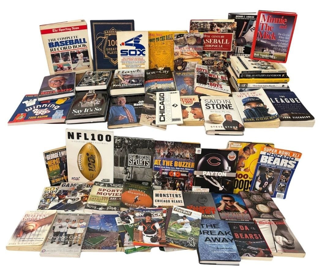 Collection Baseball and Chicago Sports Coffee Table Books/Novels: Lot includes 20+ hard and soft cover books with subjects on the Chicago White Sox, Chicago Sports, baseball, Harry Caray, information guides, Hall of Fame, Chicago Bears, Walter Payton, Hockey, Footba