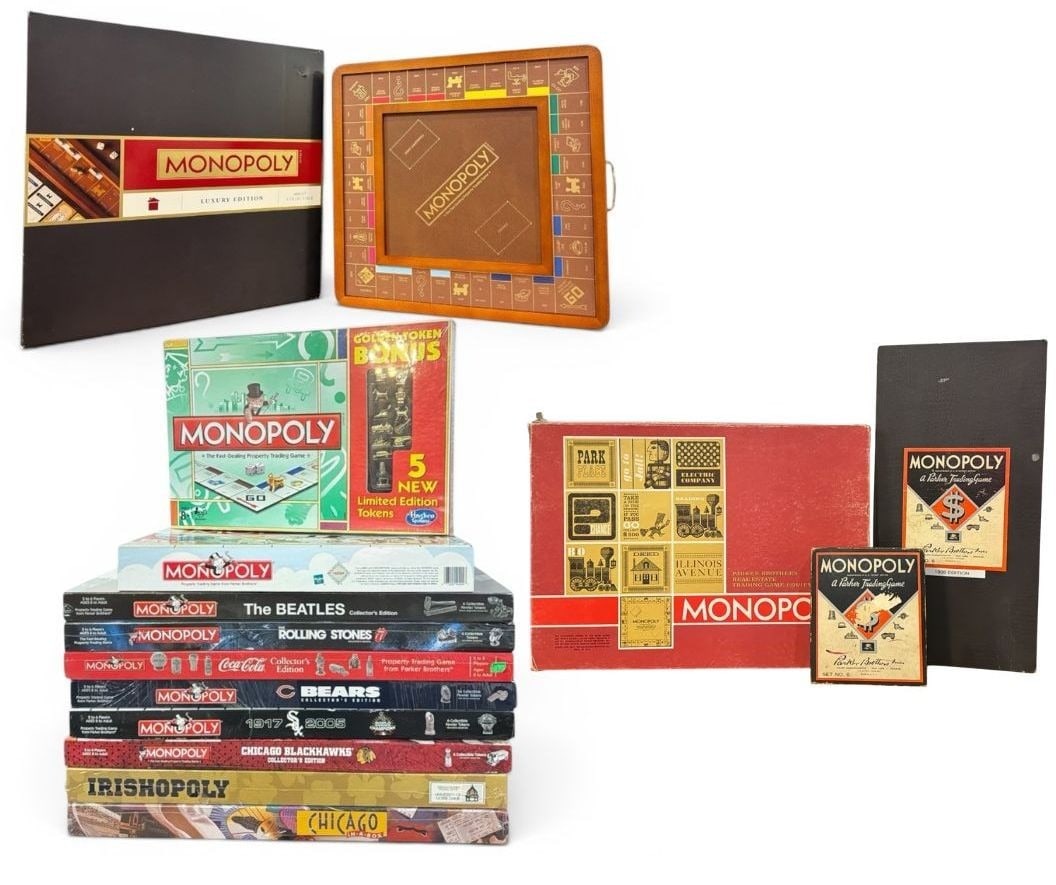 Collection Vintage and Contemporary MONOPOLY Board Games: Lot includes a 1936 and a 1964 Board Game(s) by Parker Brothers and Monopoly board games with various themes such as Chicago Sports teams, The Beatles, The Rolling Stones, Notre Dame "Irishopoly",
