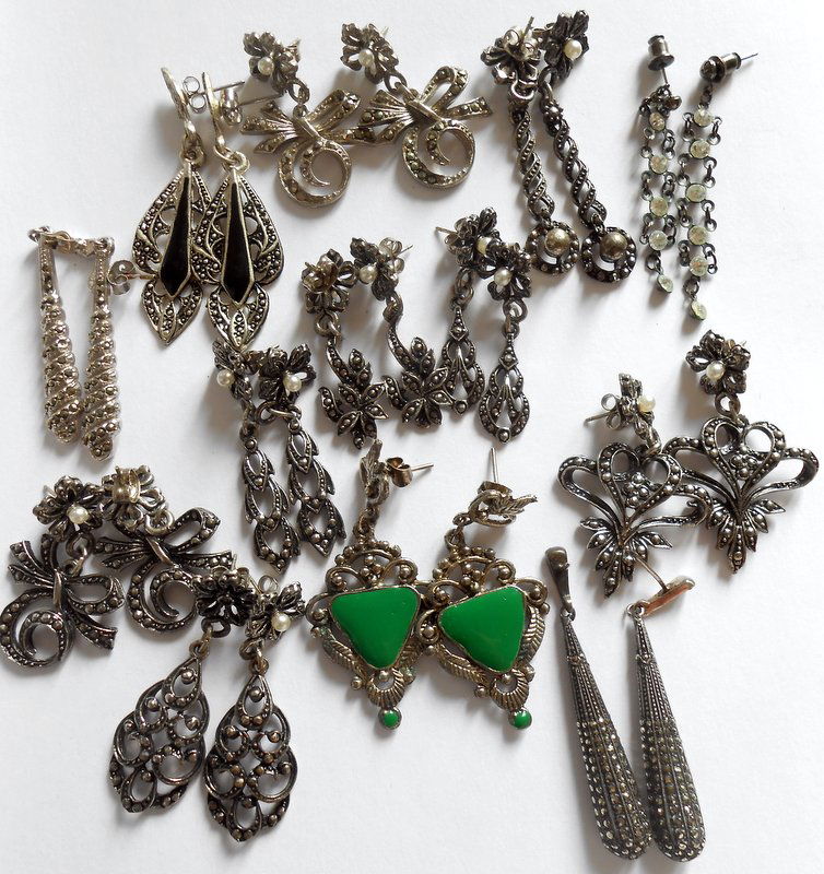 13 Pairs Of White Metal/Stone/Marcasite Earrings (1 of 1)