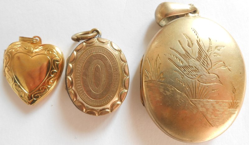 3 Yellow Metal Lockets: Largest 5cm x 3cm Including Bale, Engraved With Bird