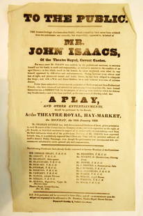 1830 Theatre Playbill, Theatre Royal Haymarket: Original, Period, Theatre Playbill, With Dating Error, Theatre Royal, Haymarket, Monday The 18th January 1830, Benevolent Show On Behalf Of Mr John Isaacs, A PLAY And Other Entertainments, 34x21cm, Pr