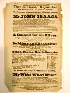 Late 18th/Early 19thC Theatre Playbill,Theatre Royal,: Original, Period, Double Sided Theatre Playbill, Late 18th/early 19thC Theatre Royal, Haymarket, On Monday Next, The 18th Of January (Undated) For The Benefit Of MR JOHN ISAACS, Of The Theatre Royal,