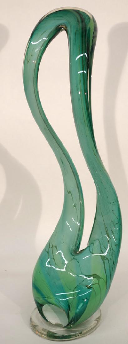 HAL BERGER GLASS SCULPTURE: Contemporary, 1995; hollow "S" shaped green glass on clear base; H-24", VG-EX
