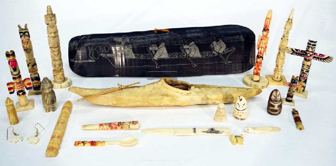 INUIT TOTEMS & CARVINGS (19+) PIECES: Includes baleen scrimshaw, John Kosuniva (?) (signed); hide kayak, totems, billikens; etc.