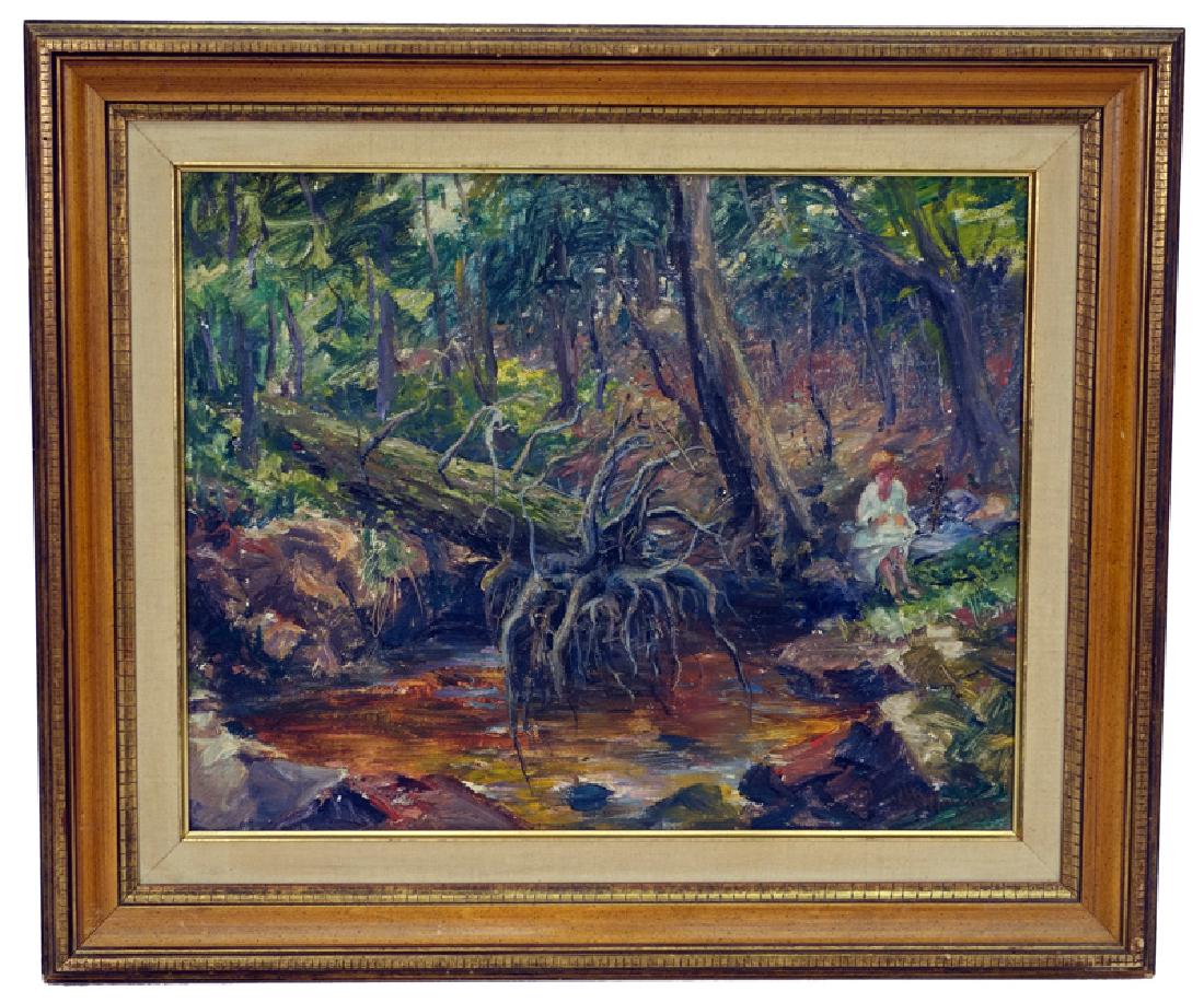 ARNOLD HOFFMANN LANDSCAPE PAINTING: Oil on canvas; wooded scene with woman seated by stream; signed lower right; framed; small puncture with tape repair on right middle edge; 16" x 20", G