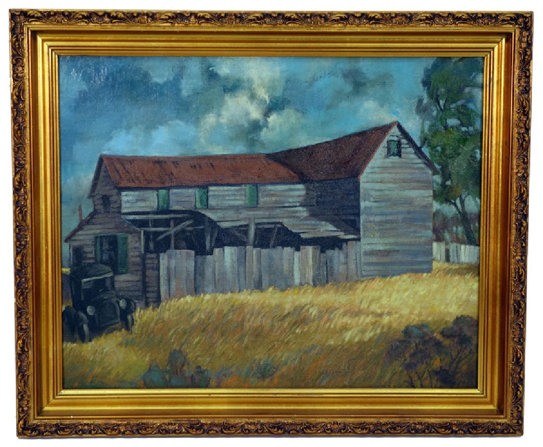 WPA ERA FARM SCENE: Oil on artist board; unsigned; framed; 16" x 20", VG-EX