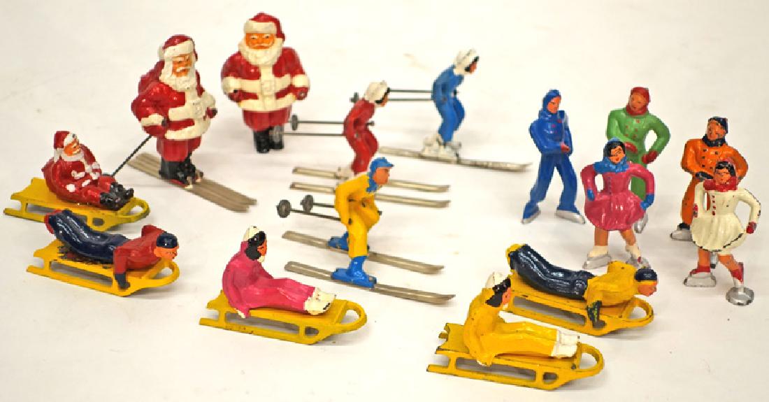 SANTA, SKIING, SLEDDING FIGURES (15+/-): Painted pot metal; normal wear, paint chips; tallest H-3", G-VG