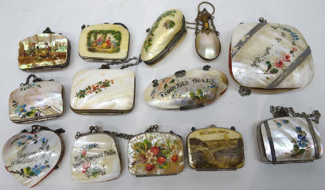 MOTHER OF PEARL & SHELL PURSES, ETC. (13+/-): Mostly souvenir type, most with writing or decoupage; (1) perfume; wear and losses; longest L-3 1/2", F-G