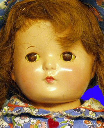 EFFANBEE PATRICIA DOLL -: Tagged outfit, doll appears to be all original; red human hair braid wig; fully jointed composition; glassine sleep eyes (blasted); tagged original outfit includes: matching blue print dress, teddy an