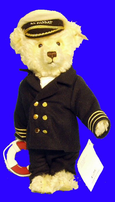 STEIFF SS-PASSAT-BAR (BEAR) -: Limited edition of 1500, #37; long white mohair; jointed; original captains' outfit with life ring; ear tag and button; 2 hang tags; plastic eyes; H-12", EX-NM.