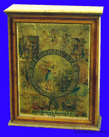 DIAMOND DYES CABINET-: Fairy image, litho tin, back has 8 drawers, heavy flaking; H-30", P-F