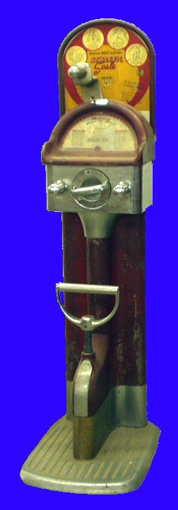 COIN-OP MERCURY ATHLETIC SCALE STRENGTH TESTOR: Litho tin marquee, reverse painted dial is flaking; H-65", F.