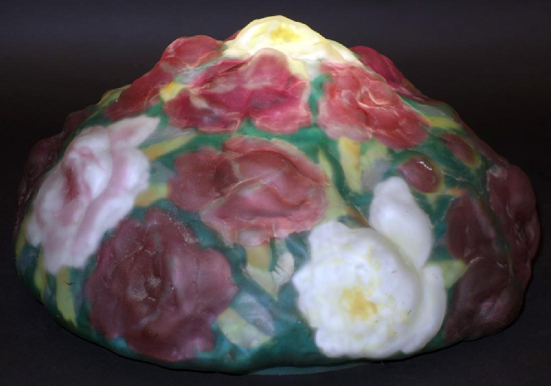 PUFFY FLORAL LAMP SHADE: Possibly unmarked Pairpoint; reverse painted floral embossed shade; "Pat Applied For" stamped on rim; does not appear to be signed; some minor exterior wear, scratches; several minor rim chips; openin