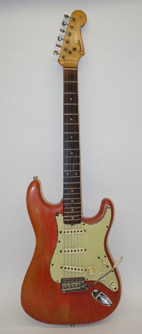 FENDER STRATOCASTER GUITAR #82461: Contour body, original case; small chip on upper left corner of plate; missing back plate; wear on finish; L-38", F-G