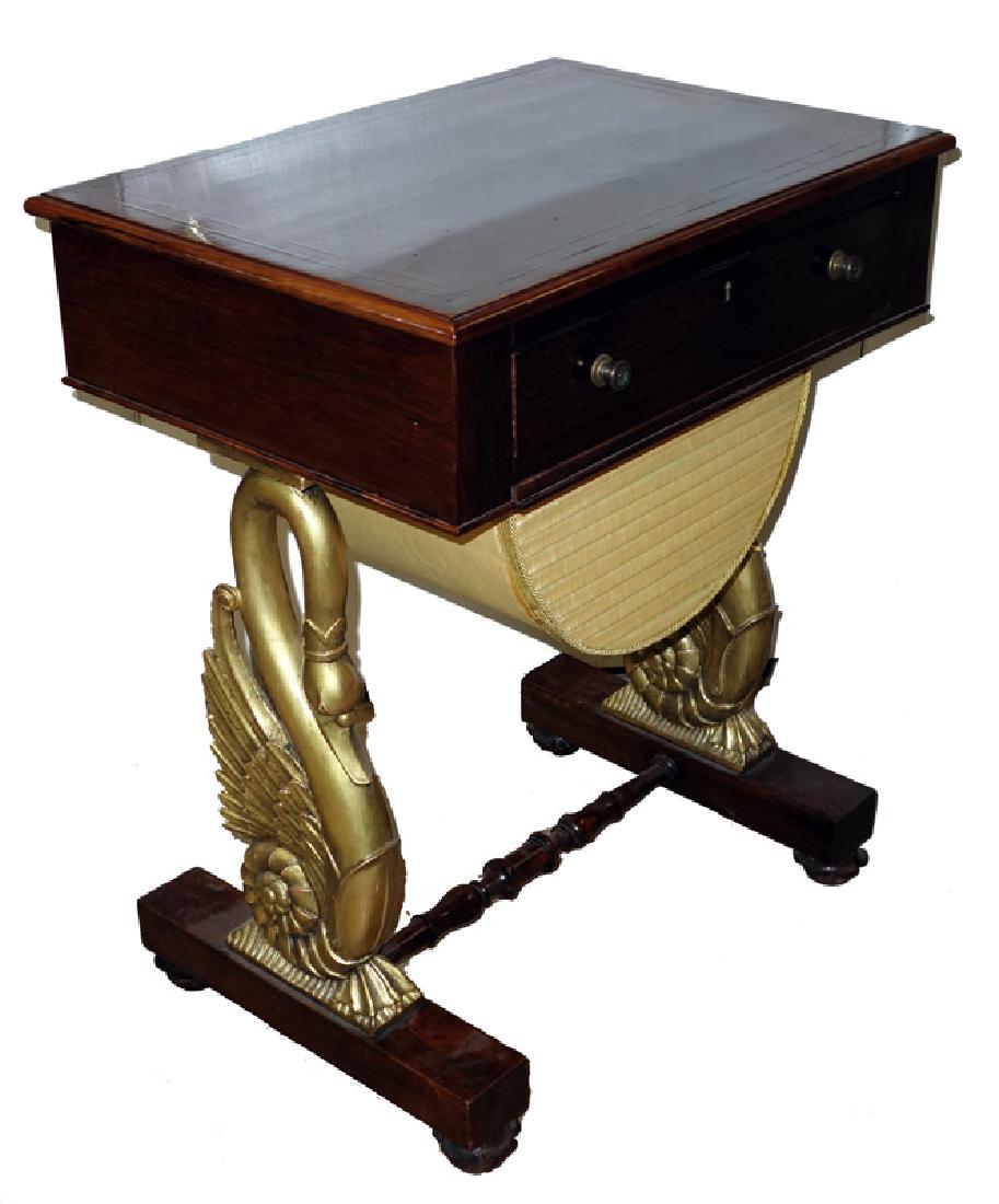 ANTIQUE SEWING CABINET: Rosewood with brass inlay, carved gilt swans, cloth slide basket; normal wear; a few stains on top; H-29", L-24", G-VG