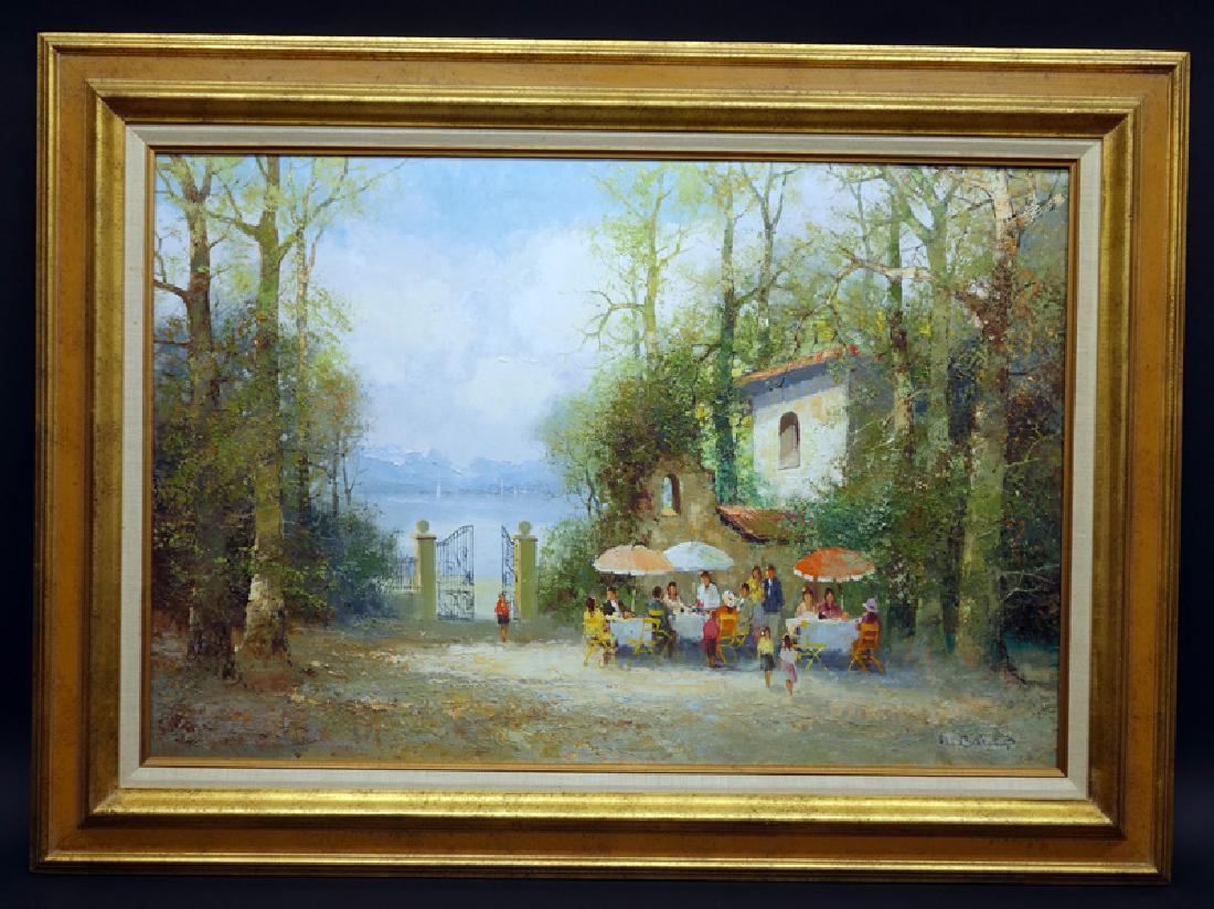 WILLI BAUER GARDEN PARTY PAINTING: Oil on canvas, signed lower right; framed; 24" x 36", VG-EX