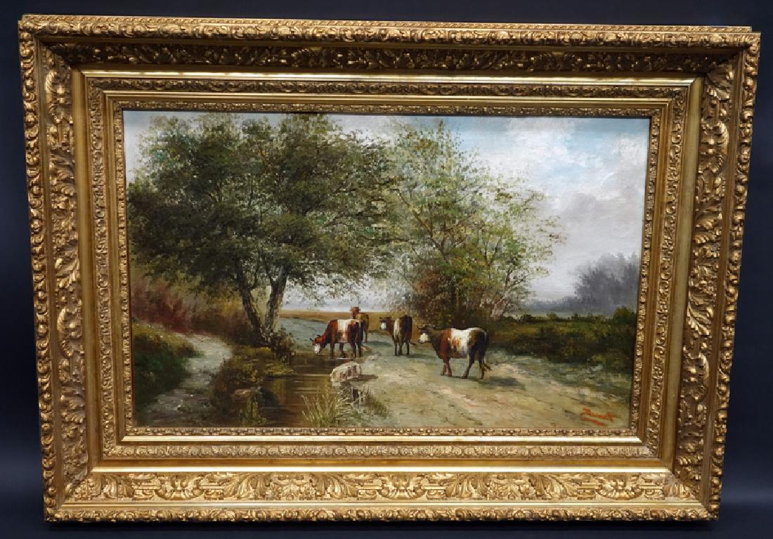 DURANT PASTORAL PAINTING WITH COWS WATERING: Oil on canvas; signed Durant; signed lower right; ornate gilt frame; 18" x 28", G-VG