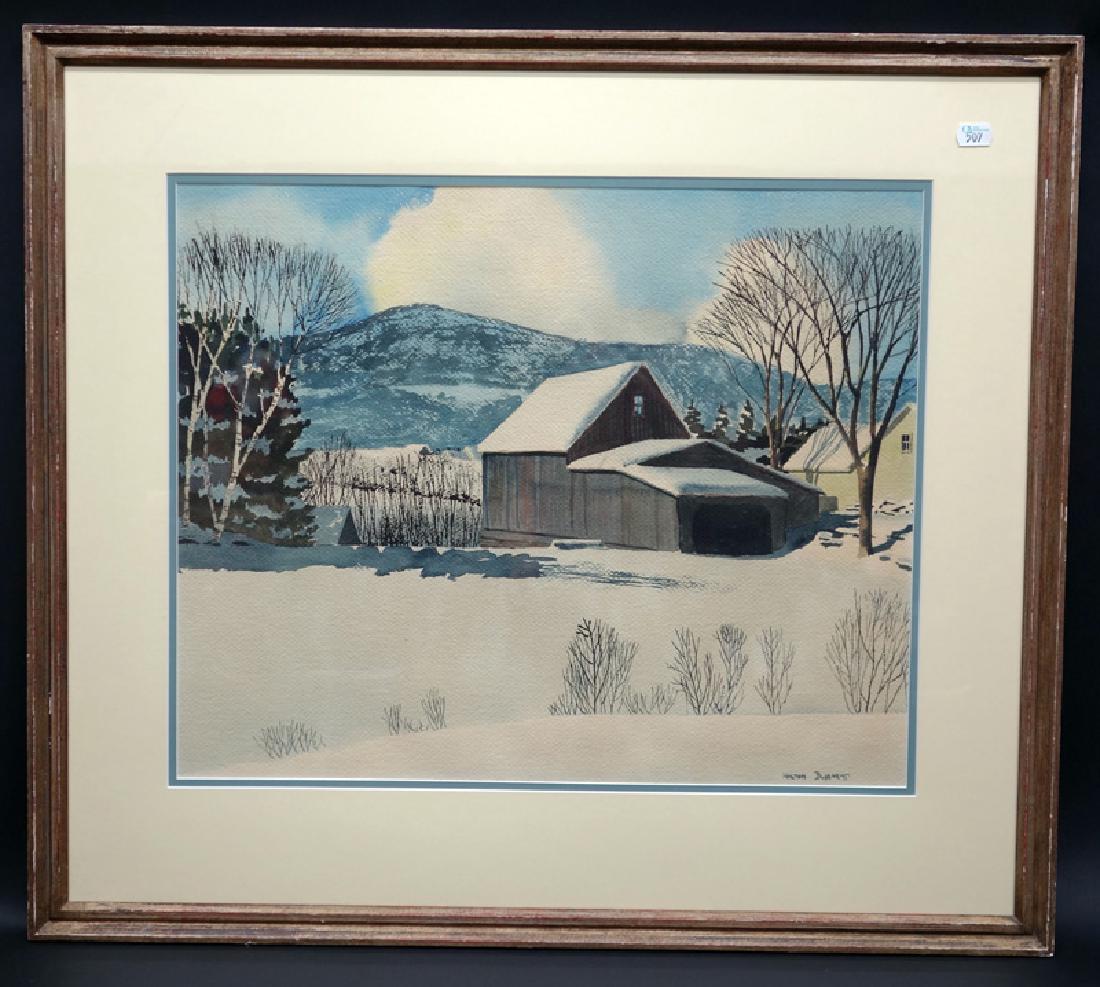 HALTON BLODGETT WATERCOLOR SNOW SCENE: Matted and framed; minor toning; 17" x 21", G-VG
