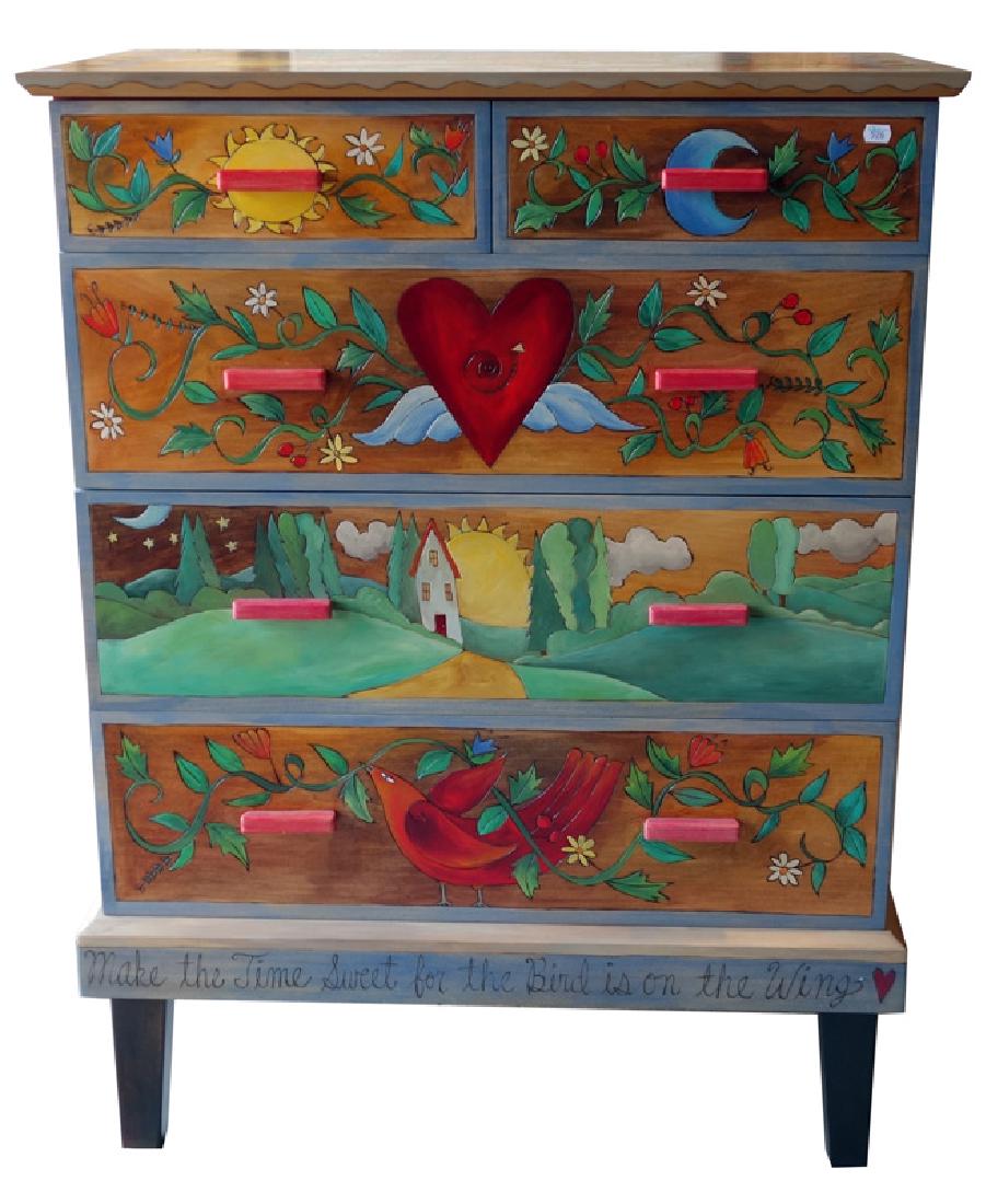 "STICKS" TALL CHEST: Decoratively incised and painted "Make the Time Sweet for the Bird is on the Wing", includes flowers, hearts, suns, cottage, bird, etc. ornamentation; H-48", W-36", VG-EX