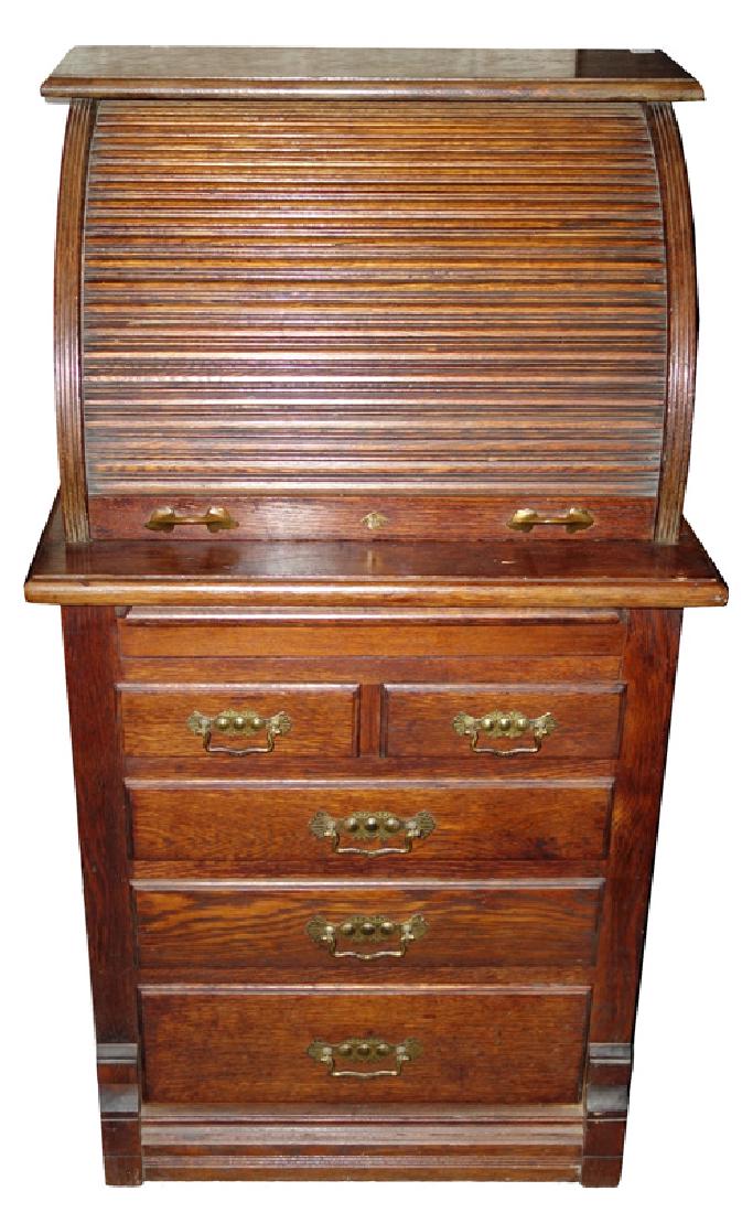 VICTORIAN OAK CYLINDER DESK: Small size; pull-out work surface; original finish; H-43", W-24", G