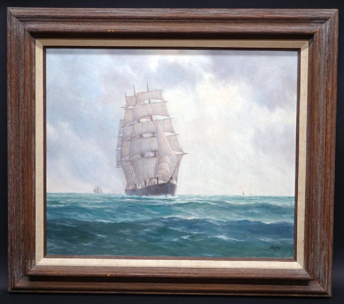 OURSLER NAUTICAL PAINTING: "Resolute", oil on masonite; signed front and back; C. Leslie Oursler 1973; framed; 20" x 24", VG-EX