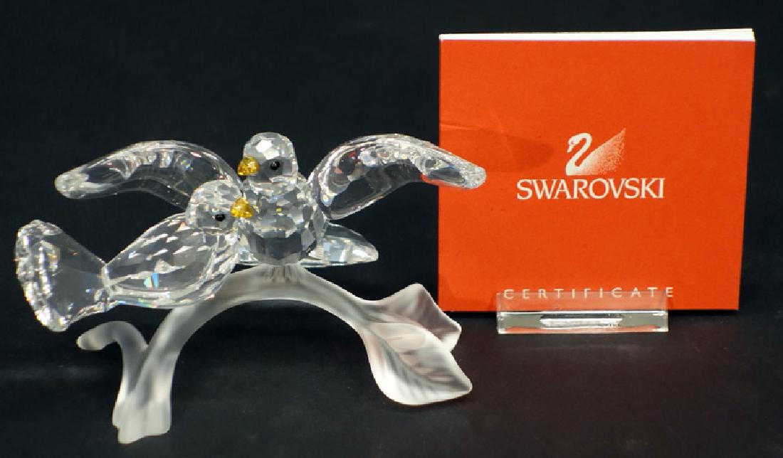 SWAROVSKI "TURTLE DOVES" CRYSTAL FIGURINE: Original blue cylinder container; H-2 1/2", M