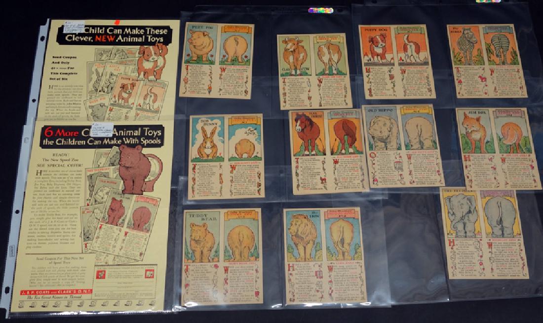 COATS & CLARK'S ANIMAL SPOOL TOYS (11): John Martin, cut-out cards that you glue to wood spools; elephant, (2) puppies, zebra, hippo, Jim Fox, Pete Pig, Clara Cow, Bob Bunny, Hal Horse, Teddy Bear, lion; together with (2) flyers; H-5", G-VG