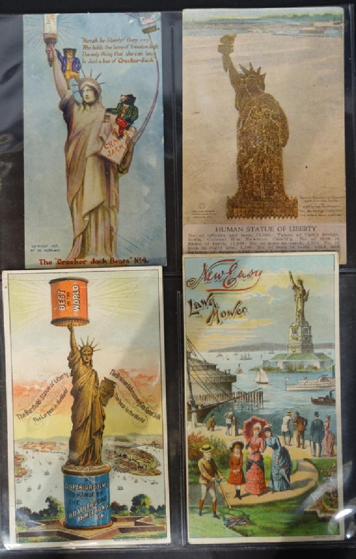 STATUE OF LIBERTY POSTCARDS & TRADECARDS (22): [4 shown], Human Statue Liberty, Cracker Jack, New Easy Lawnmower, Brainerd Thread, Merrick Thread, Reproducing postcard folding card, etc.; normal size, G-VG