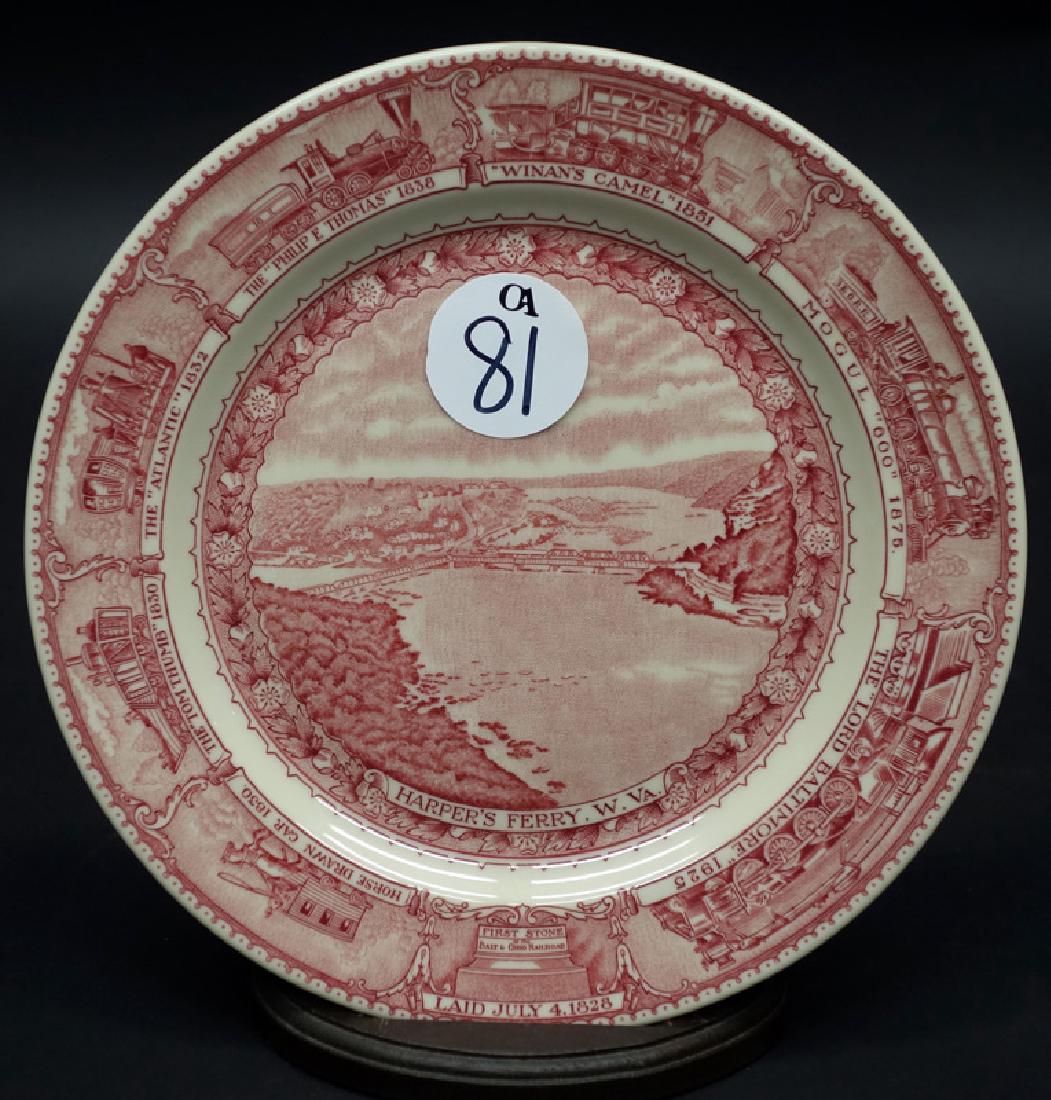 B&O RARE RED SAMPLE PLATE (NO NUMBER): Harper's Ferry; Shenango green mark; Dia.-9"